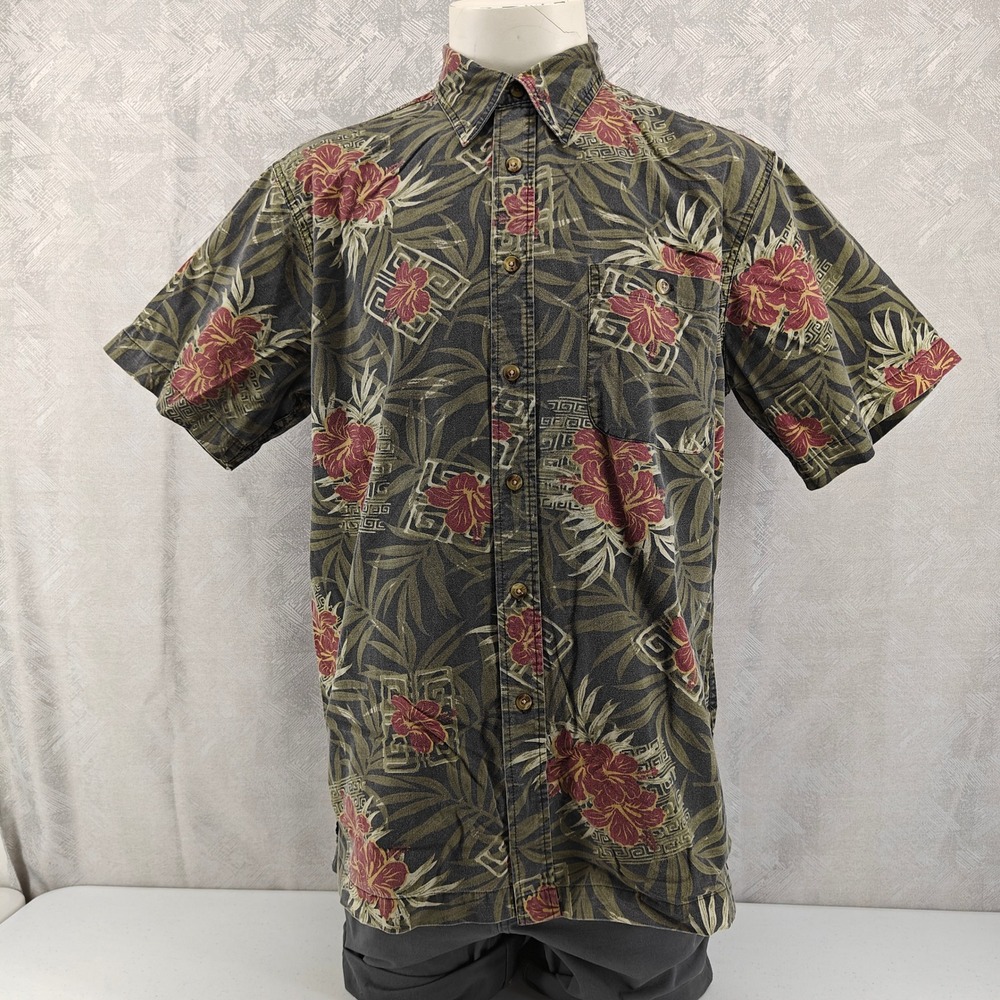 VIntage Ron Chereskin Tropical Floral Shirt Mens Large Green Hibiscus Button